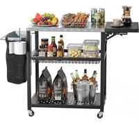 Chariot de service mobile pour barbecue, équipé de 3 niveaux, d'une table d'appoint pliante et de roulettes pivotantes à 360° avec frein. Table de barbecue en acier inoxydable, multifonctionnelle, idé