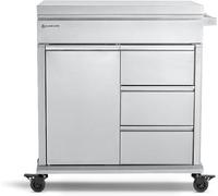 Chariot de service pour barbecue avec surface de travail en acier inoxydable, et table pour barbecue. Il est équipé de 4 tiroirs à fermeture douce, de roulettes en caoutchouc pleine et est compatible