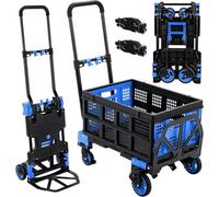 Chariot de transport 2 en 1 : chariot de manutention pliable et plateforme mobile. Capacité de charge : 150 kg. Poignée télescopique extensible. Couleur : bleu