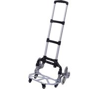 Chariot de transport en aluminium, pliable. Escalier pliable. Poignée réglable sur trois hauteurs. Longue poignée télescopique de 106 cm. Roues silencieuses. Sac étanche amovible