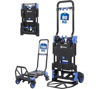 Chariot de transport pliable 2-en-1, chariot de plateforme en aluminium, capacité de charge jusqu'à 150 kg, chariot de transport avec roues doubles en TPR, frein et poignée ergonomique, couleur bleu e