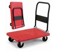 Chariot de transport Relaxdays jusqu'à 300 kg, pliable, chariot à plate-forme, poignée, 2 roulettes pivotantes, grande surface de chargement, diable, rouge