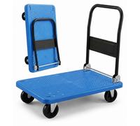 Chariot de transport Relaxdays jusqu'à 300 kg, pliable, chariot à plate-forme, poignée, 2 roulettes pivotantes, grande surface de chargement, diable, bleu