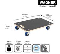 Chariot de transport WAGNER MAXIGRIP - 59 x 39 x 11 cm, roulettes souples, roulements à billes Ø 75 mm, capacité de charge 400 kg - 20161301