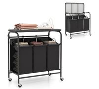 Chariot de tri du linge COSTWAY avec 3 compartiments et planche à repasser intégrée, panier à linge sur roulettes avec roues verrouillables, chariot de collecte robuste Noir + Gris