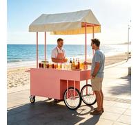 Chariot de Vendeur Ambulant Portable avec Bâche, Stand de Marché Mobile pour Snacks, Chariot Restauration Extérieur avec Roues et Rangements