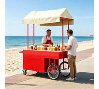Chariot de Vendeur Ambulant Portable avec Bâche, Stand de Marché Mobile pour Snacks, Chariot Restauration Extérieur avec Roues et Rangements