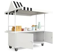 Chariot de vente ambulant avec auvent et coffre verrouillable Stand de marché mobile pour événements, foires artisanales et présentoirs alimentaires(White)