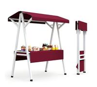 Chariot de Vente Ambulante Pliable avec Toit, Stand Marché Portable et Comptoir Bar à Jus, d'Exposition Mobile en Métal Robuste pour Marchés, Foires, Fêtes, Rose(Red,120cm/47")