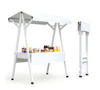 Chariot de Vente Ambulante Pliable avec Toit, Stand Marché Portable et Comptoir Bar à Jus, d'Exposition Mobile en Métal Robuste pour Marchés, Foires, Fêtes, Rose(White,150cm/59")