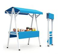 Chariot de Vente Ambulante Pliable avec Toit, Stand Marché Portable et Comptoir Bar à Jus, d'Exposition Mobile en Métal Robuste pour Marchés, Foires, Fêtes, Rose(Blue,100cm/39")