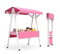 Chariot de Vente Ambulante Pliable avec Toit, Stand Marché Portable et Comptoir Bar à Jus, d'Exposition Mobile en Métal Robuste pour Marchés, Foires, Fêtes, Rose(Pink,120cm/47")