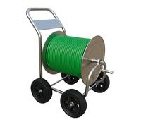 Chariot à tuyau Relaxdays, jusqu'à 200 m, enrouleur de tuyau mobile, dimensions H x L x P : 100 x 73 x 57 cm, dérouleur de tuyau, acier inoxydable, argent