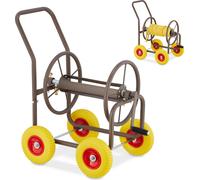 Chariot dévidoir Relaxdays, jusqu'à 60 m, 4 roues en caoutchouc plein, raccord à clic, tambour métallique, dérouleur de tuyau, marron