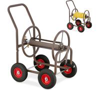 Chariot dévidoir Relaxdays, jusqu'à 60 m, 4 roues en caoutchouc plein, raccord à clic, tambour métallique, dérouleur de tuyau, marron
