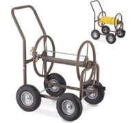Chariot dévidoir Relaxdays, jusqu'à 60 m, 4 roues en caoutchouc plein, raccord à clic, tambour métallique, dérouleur de tuyau, marron