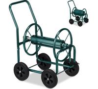 Chariot dévidoir Relaxdays, jusqu'à 60 m, 4 roues en caoutchouc plein, raccord à encliqueter, tambour métallique, dérouleur de tuyau, vert