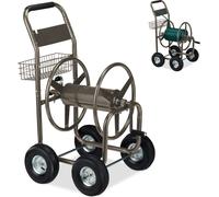 Chariot dévidoir Relaxdays, jusqu'à 90 m, 4 roues pneumatiques, raccord à encliquetage, tambour métallique, dérouleur de tuyau avec panier, marron