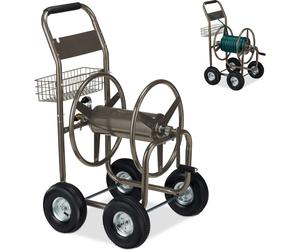 Chariot dévidoir Relaxdays, jusqu'à 90 m, 4 roues pneumatiques, raccord à encliquetage, tambour métallique, dérouleur de tuyau avec panier, marron