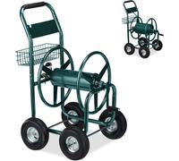 Chariot dévidoir Relaxdays, jusqu'à 90 m, 4 roues pneumatiques, raccord rapide, tambour métallique, dévidoir avec panier, vert