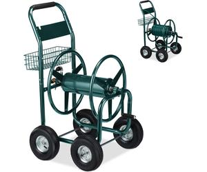 Chariot dévidoir Relaxdays, jusqu'à 90 m, 4 roues pneumatiques, raccord rapide, tambour métallique, dévidoir avec panier, vert