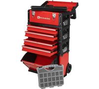 Chariot d'outils 4 compartiments en tôle d'acier, peinture époxy rouge - 1 coffret à outils, 4 tiroirs étroits, 1 compartiment rabattable spacieux - Coffret de rangement pour petites pièces offert