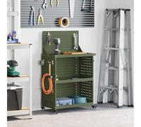 Chariot d'outils vert olive en acier laminé à froid, dimensions 65 x 35 x 111 cm, avec 3 étagères, 4 roues verrouillables et 12 crochets, idéal pour l'organisation de votre atelier ou garage
