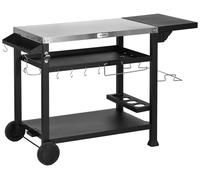 Chariot et table de barbecue Outsunny – avec table d'appoint rabattable, 3 étages, 6 crochets, roulettes, casier à bouteilles et plateau, pour le jardin et la terrasse
