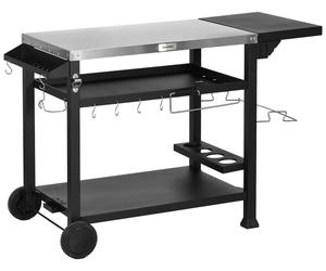 Chariot et table de barbecue Outsunny – avec table d'appoint rabattable, 3 étages, 6 crochets, roulettes, casier à bouteilles et plateau, pour le jardin et la terrasse