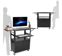 Chariot multimédia et audiovisuel à roulettes - Poste de travail mobile - Armoire verrouillable - Support pour ordinateur portable - Tablettes latérales rabattables - Réglable en hauteur - Rectangulai