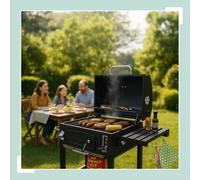 Chariot pour barbecue au charbon de bois avec couvercle, plateau réglable et thermomètre
