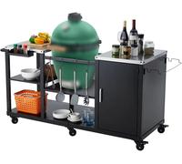 Chariot pour barbecue Kamado - Structure en acier robuste - Plateaux latéraux en acier inoxydable 304 - 6 roulettes pivotantes - Étagère et crochets - Couleur : vert