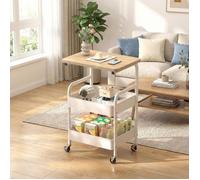 Chariot roulant à 3 niveaux - LUNSY - 43x30x78 cm - Blanc - Métal robuste - Plateau en bois - Roues verrouillables