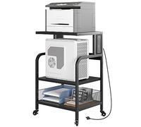 Chariot Support d' Imprimante 3 Niveaux Mobile Avec Multiprise Intégrée | étagères réglables, 2 prises + 2 ports USB, roulettes verrouillables, rangement de bureau pour home-office et petit espace