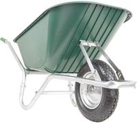 Chariote à 100 litres, galvanisée, avec roue pneumatique. Grande brouette pour jardin, bac de récupération, brouette de chantier, bac en plastique PP, vert. Cadre galvanisé. Jante métallique avec roul
