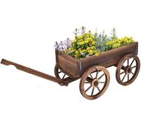 Chariote de jardin en bois de sapin, brouette décorative avec 4 grandes roues, long manche réglable, idéale pour les travaux de jardinage en extérieur, dimensions : 120 x 43 x 54 cm, couleur : marron