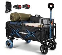 Chariote électrique à pneus pneumatiques, chariot pliable avec batterie 2×2,0 Ah compatible Makita, capacité de 240 litres/120 kg, dimensions 116×58×55 cm, longueur du manche réglable de 68 à 100 cm.