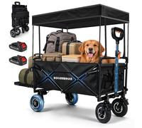 Chariote électrique avec toit et roues pneumatiques, chariot pliable avec batterie 2 x 2,0 Ah compatible Makita, capacité de 240 litres / 120 kg, dimensions 116 x 58 x 55 cm, poignée réglable de 68 à 
