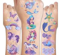 CHARLENT Tatouages de Sirène Licorne à Paillettes pour Filles - 12 Feuilles de Tatouage Temporaires de Licorne de Sirène à Paillettes pour Cadeaux de Fête D'anniversaire de Filles