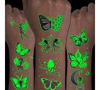 CHARLENT Tatouages lumineux à thème papillon pour enfants - 14 feuilles de tatouages temporaires qui brillent dans le noir à thème papillons et fées pour les fêtes d'anniversaire pour les filles