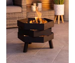CHARLES BENTLEY Brasero Hexagonal Moderne 46cm, Acier thermolaqué Noir, résistant à la Chaleur et Rouille, avec tisonnier, Design Contemporain (46x46x35.5cm)