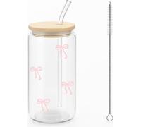 Charmant ensemble de verres roses en forme de nœud avec couvercle et paille - Idéal pour le café glacé et les boissons d'une capacité de 16 onces - Boîte cadeau incluse