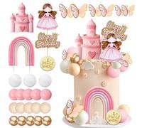 CHarmeFleur 34 Pièces Décorations De Gâteau Princesse avec Château Arc-en-Ciel Papillons Roses Château Dessin Animé Et Perles pour Fille Rose Thème Princesse Anniversaire