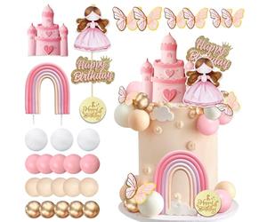 CHarmeFleur 34 Pièces Décorations De Gâteau Princesse avec Château Arc-en-Ciel Papillons Roses Château Dessin Animé Et Perles pour Fille Rose Thème Princesse Anniversaire