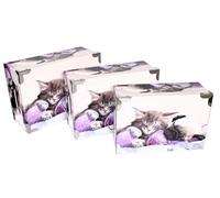 Chat Lot De 3 Grandes Boites de Rangement en Carton Imprimé Deco Animaux de compagnie chattons Vintage Noir et Mauve avec Angles et Poignées en Métal. Tailles : 31.5x22x12 , 33.5x23x13 , 36x25x13.5 cm