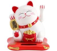 Chat Porte Bonheur - Maneki Neko - Énergie Solaire - Blanc et Rouge - HB066