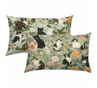 Chat Taies d'oreiller 50 x 80 Housse Coussin Velours Lot de 2, Taie Oreiller Vert Housse de Coussin Exterieur Impermeable pour Salon Lit Jardin, Douce Respirante avec Fermeture Éclair Invisible S6-367