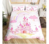 Château Rose Housse de Couette 140x200cm Rainbow Castle Parure de Lit Princesse Sets de Housse de Couette Conte de fées Parure