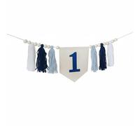 Chatonshen Guirlande Bannière Enfant Fête Bébé Fanion Perles Bois Pompons Fait Main Bannière Suspendue pour Chaise Haute Murs Entrée Convient aux Photos d'anniversaire Desserts Déco Intérieure, Bleu