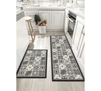 [CHAUD!!!] 1 pièce Tapis de cuisine en silicone géométrique floral noir et blanc confortable au quotidien - Tapis de cuisine super absorbant et doux, adhésif puissant, fond en caoutchouc, facile à net